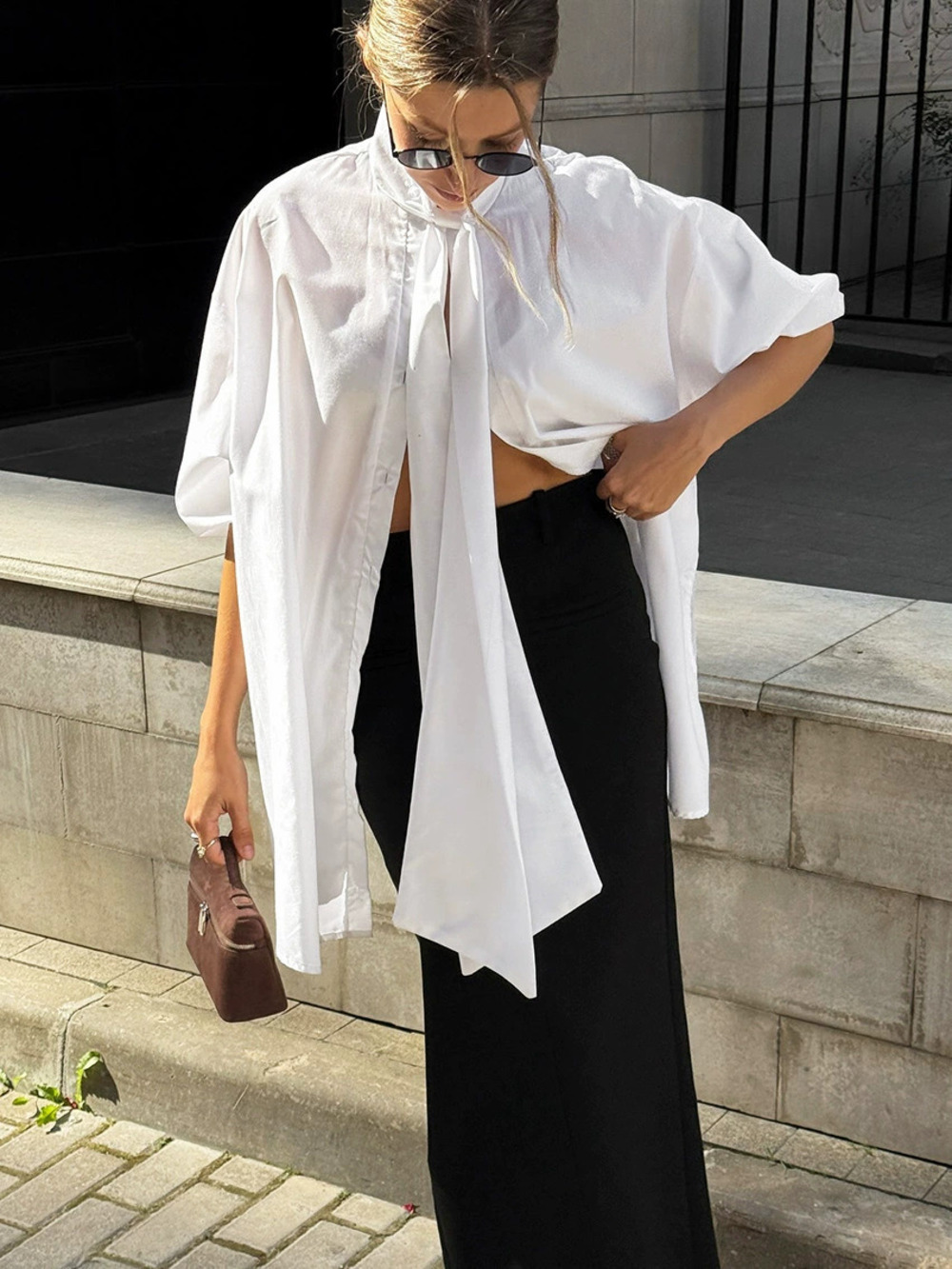 ZARA French Style White Stand Collar Ribbon Blouse Elegant Chic Versatile Top